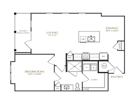 Floor plan for 1 bed, 1 bath, 908 sqft